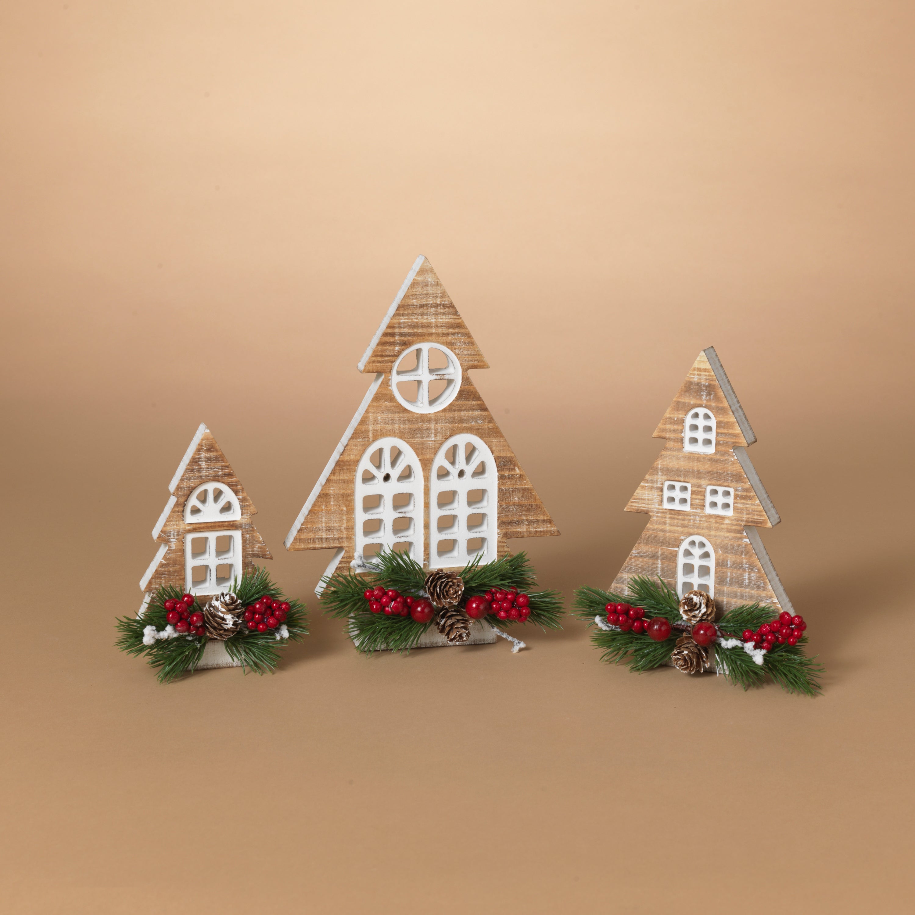Polished Wood Holiday Tree Design Homes with Floral Accent, Set of 3 2734850EC